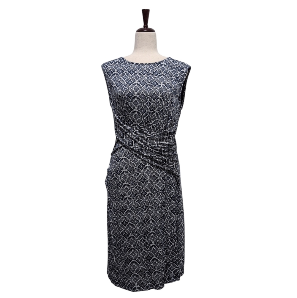 Kut From The Kloth Sheath Dress Geo Print Blue Sleeveless Ruching Size 10
